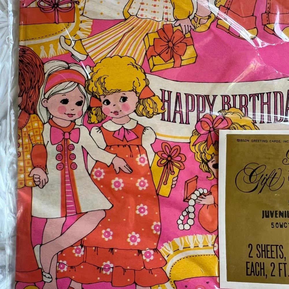 Vintage 70s Gibson Wrapping Paper Pink Girl Birthday New in Package Retro Crafts
